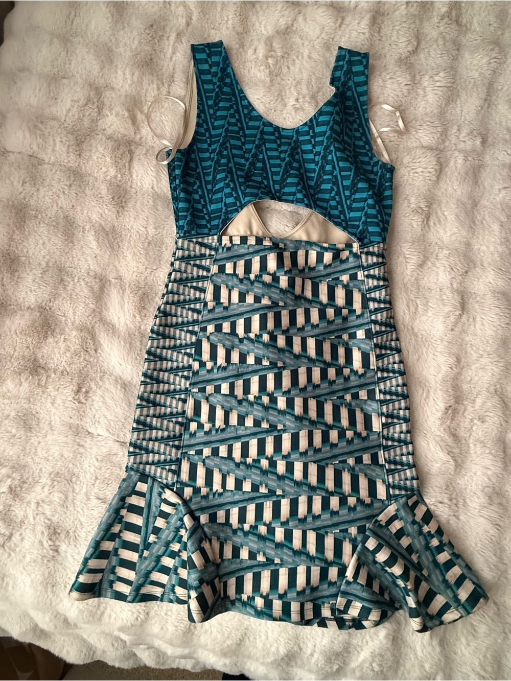 Ronny Kobo Collection Teal & Cream Geometric Cutout Mini Dress